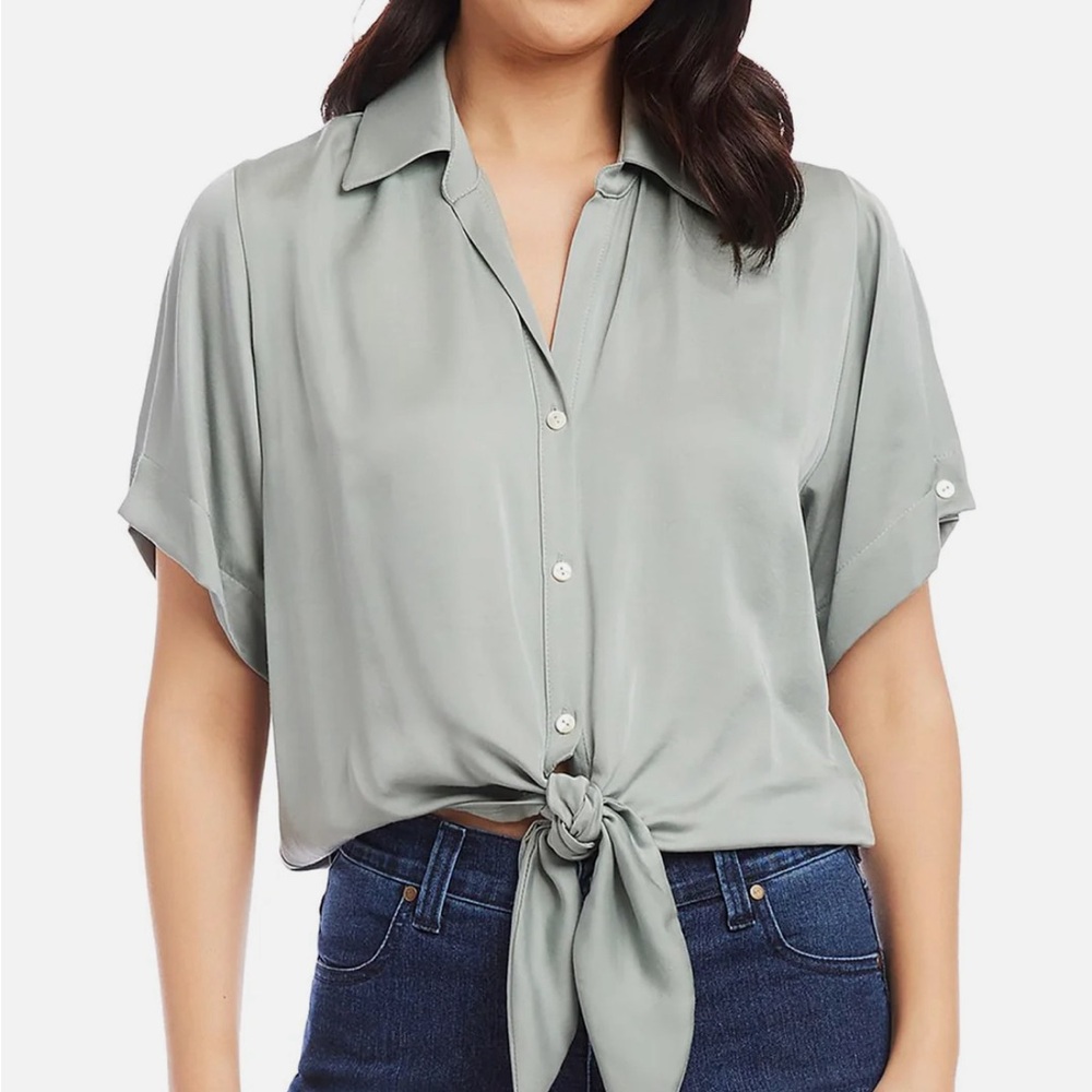 Pale aqua tie-front button down, Karen Kane
